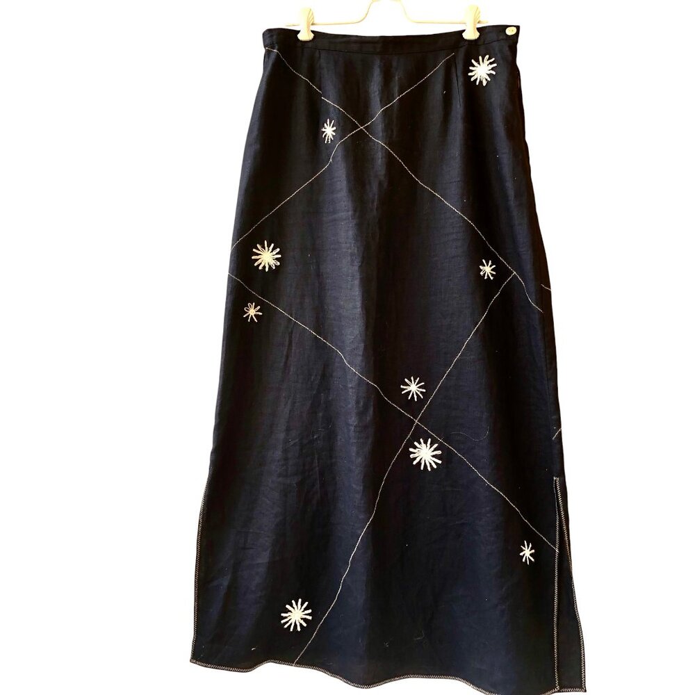 Annie Alexander Vtg 80's Black Linen Maxi Skirt Yarn Flowers Two Side Vents